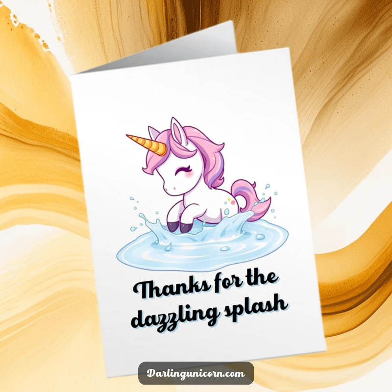 Funny Free Printable Thank You Card: A unicorn happily splashes in iridescent liquid, sending bubbly thanks.