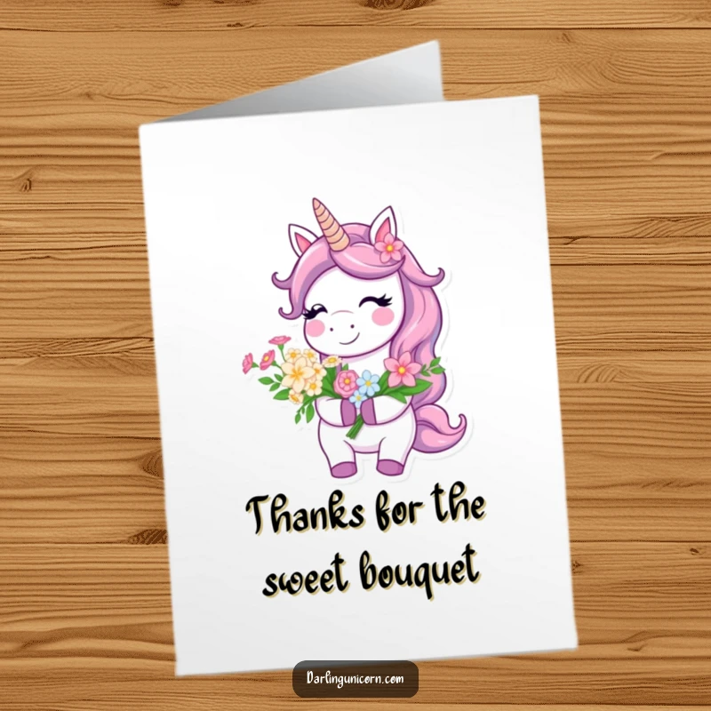 Funny Free Printable Thank You Card: A cheerful unicorn presents a beautiful bouquet of flowers, expressing sincere thanks.