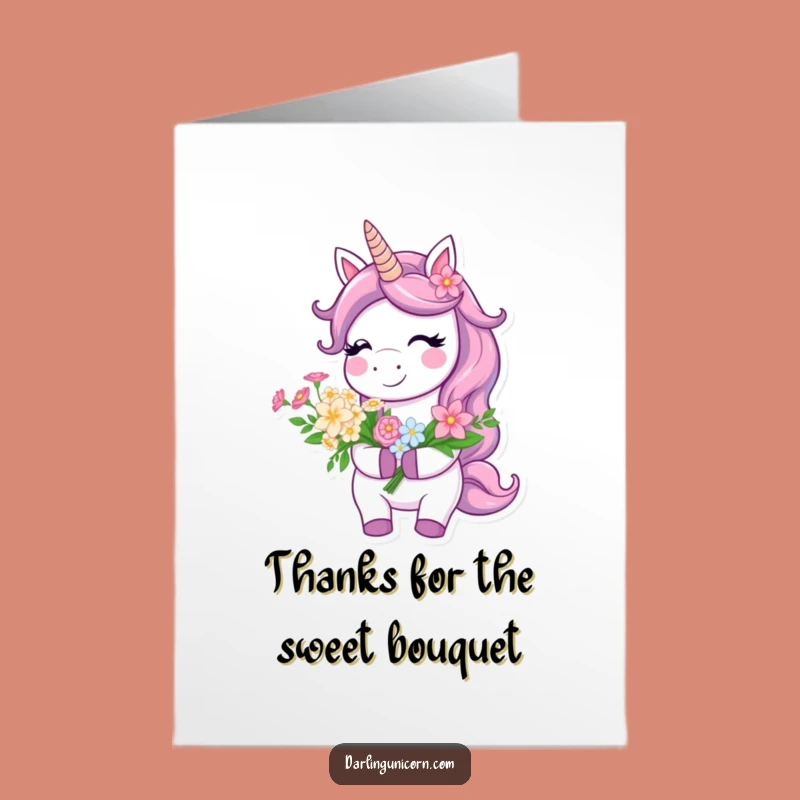 Free Printable Thank You Card: Unicorn with Flowers Saying Thanks