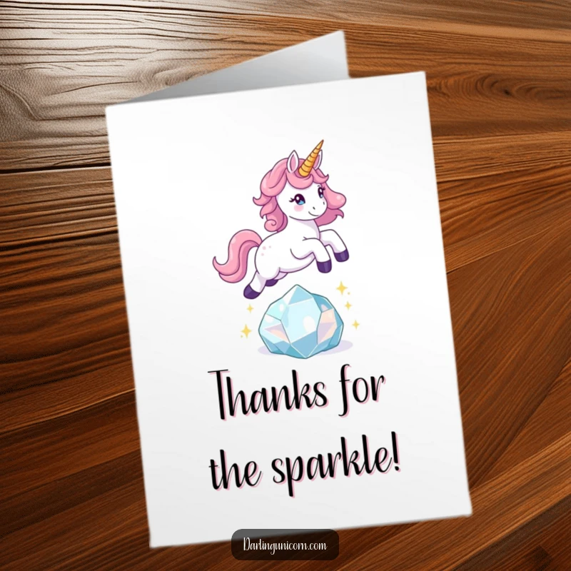 Funny Free Printable Thank You Card featuring a playful unicorn leaping over a sparkling crystal, thanking them for a brilliant gesture.