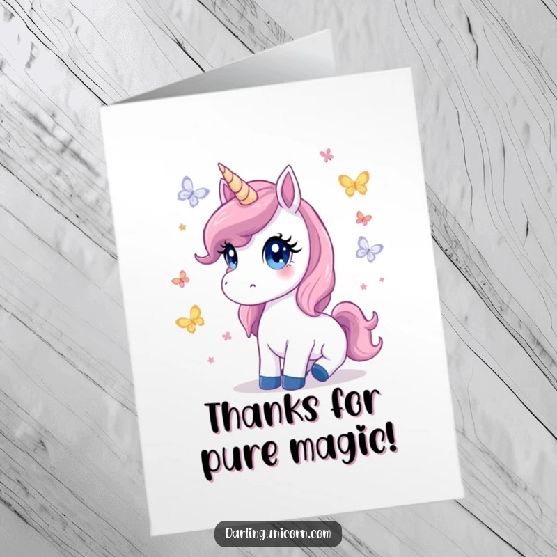 Free Printable thank you card of a unicorn with wide eyes watching butterflies flutter.