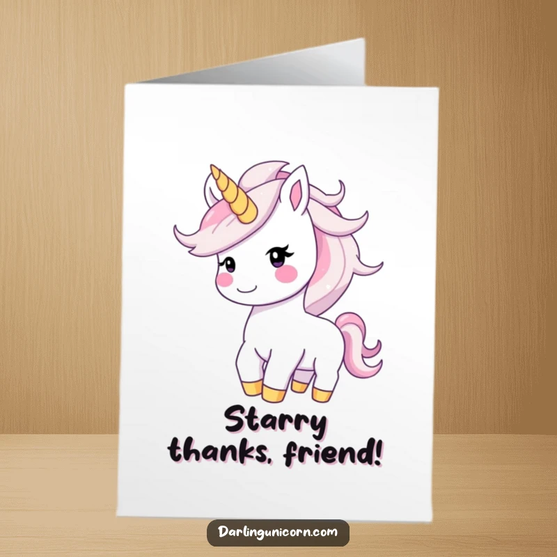 Funny Free Printable Unicorn Thank You Card: Happy unicorn tossing starry mane, expressing thanks with joy and sparkle.