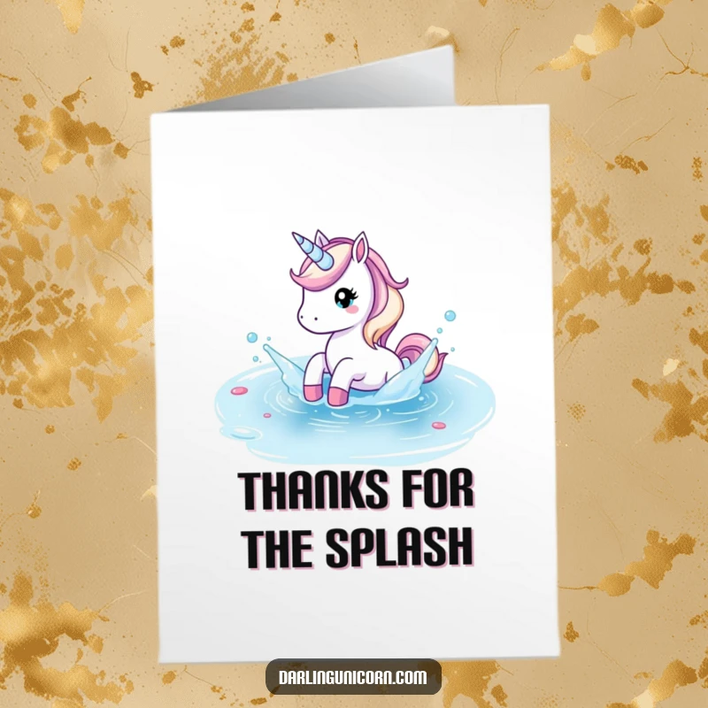 Funny Free Printable Thank You Card: Unicorn playfully splashing in a crystal clear pond, a cool DIY thank you.