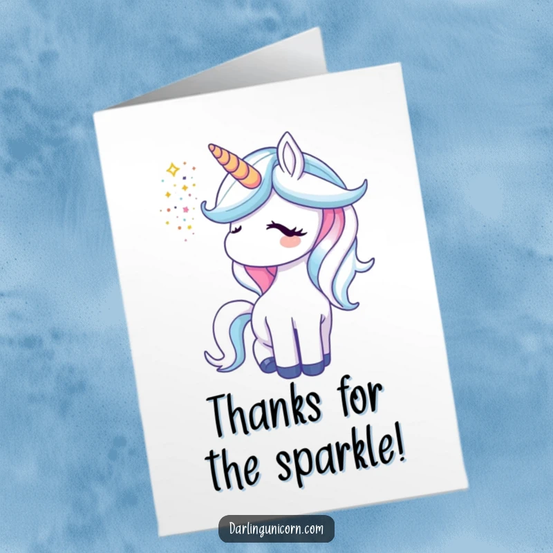 Funny Free Printable Thank You Card: A unicorn's horn releases a magical shower of glitter, expressing sincere gratitude with dazzling effect.