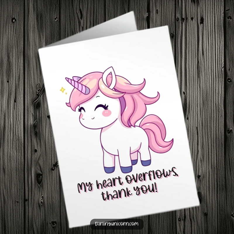 Funny Free Printable Thank You Card featuring a joyful unicorn with a shimmering mane, conveying heartfelt thanks with a magical flair.