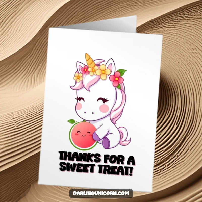 Funny Free Printable Thank You Card: Cute unicorn with flower crown nibbling magical fruit, expressing thanks with sweetness, digital download.