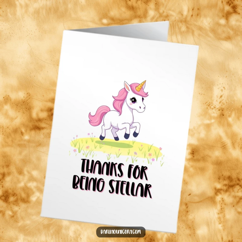 Funny Free Printable Thank You Card: A unicorn with a flowing starry mane gallops, conveying heartfelt appreciation.