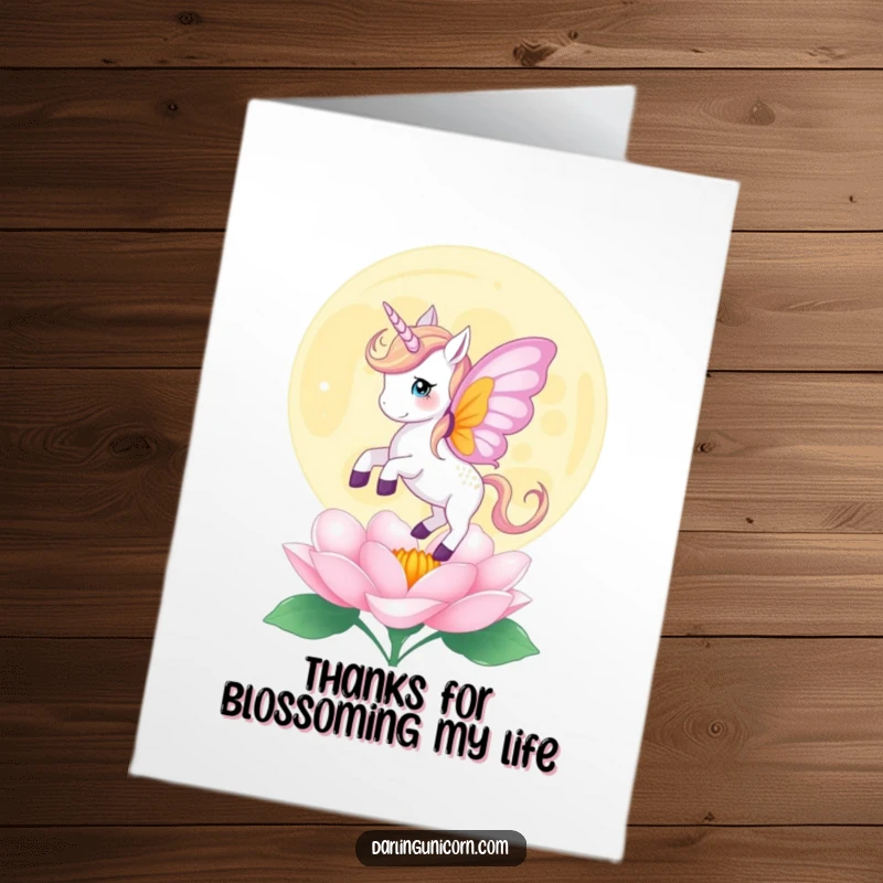 Funny Free Printable Thank You Card: Unicorn with butterfly wings gently lands on a blooming moonflower, expressing thanks.
