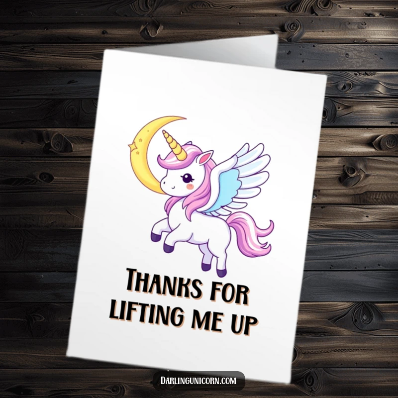 Funny Free Printable Thank You Card: Kawaii unicorn with iridescent wings spread wide, soaring near a crescent moon.