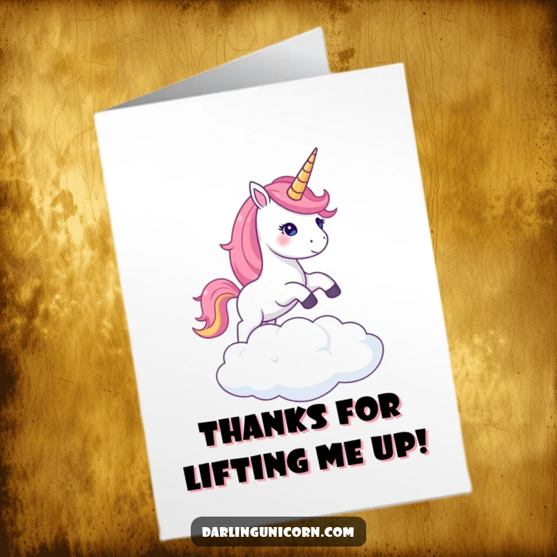Funny Free Printable Thank You Card: Unicorn with shimmering horn leaping over a cloud, expressing thanks playfully, digital download.