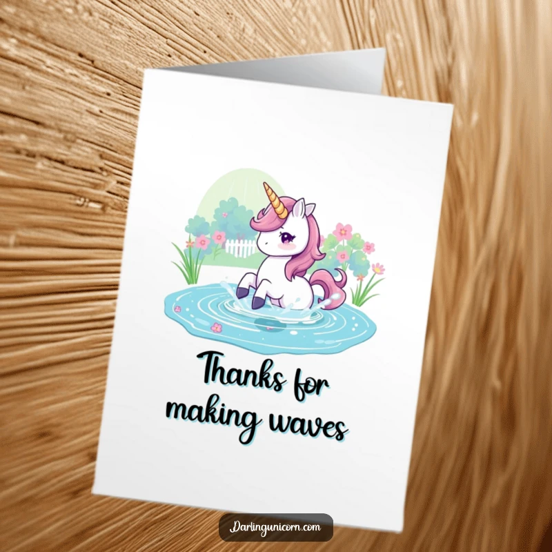 Funny Free Printable Thank You Card: A unicorn gleefully splashes in a magical pond, conveying heartfelt thanks.