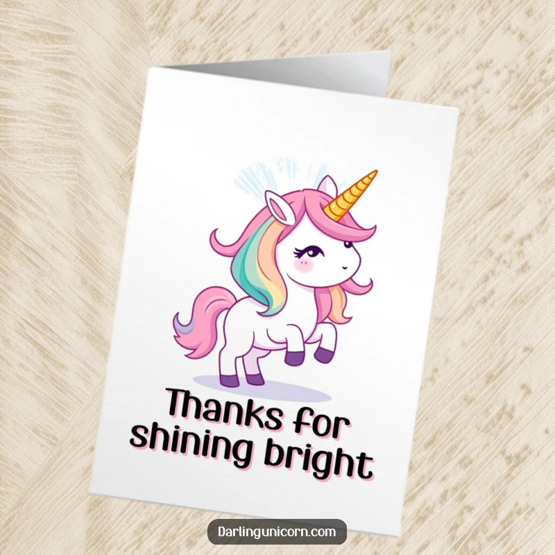 Funny free printable thank you card depicting a unicorn creating an impressive light show with its horn, expressing luminous gratitude.