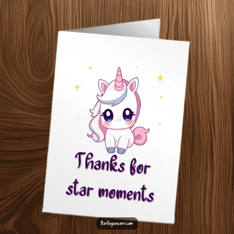 Funny Free Printable Thank You Card: Unicorn with curious eyes gazing at shooting stars, a dreamy DIY thank you.