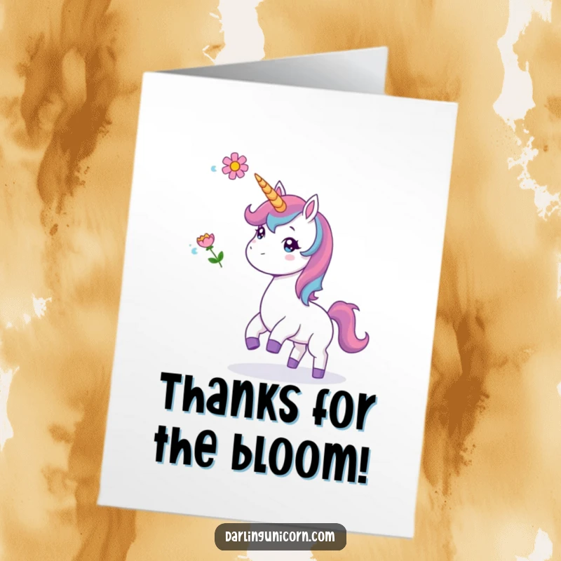 Funny Free Printable Thank You Card: A unicorn joyfully tosses a blooming flower, expressing gratitude with flair.