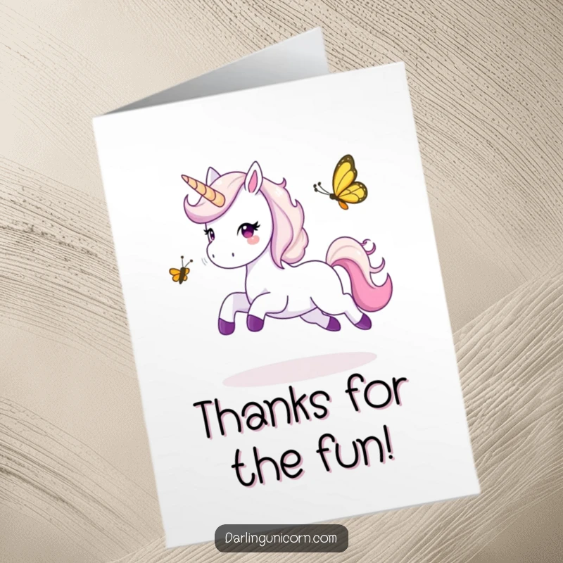 Funny Free Printable Thank You Card: Unicorn leaping happily while playing tag with a butterfly.