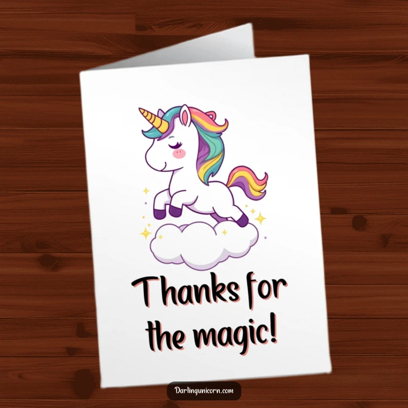 Free Printable Thank You Card: A cute unicorn with a rainbow mane leaps over a sparkling cloud to say thanks.