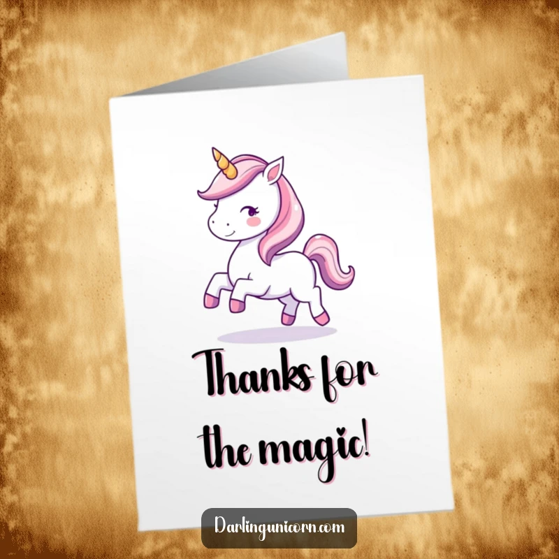 Funny Free Printable Thank You Card: A delightful kawaii unicorn with a sparkling horn joyfully prancing as a token of thanks.
