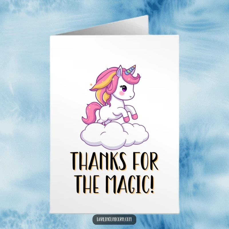 Funny Free Printable Thank You Card: Sparkling unicorn with rainbow mane making a grand leap with gratitude.