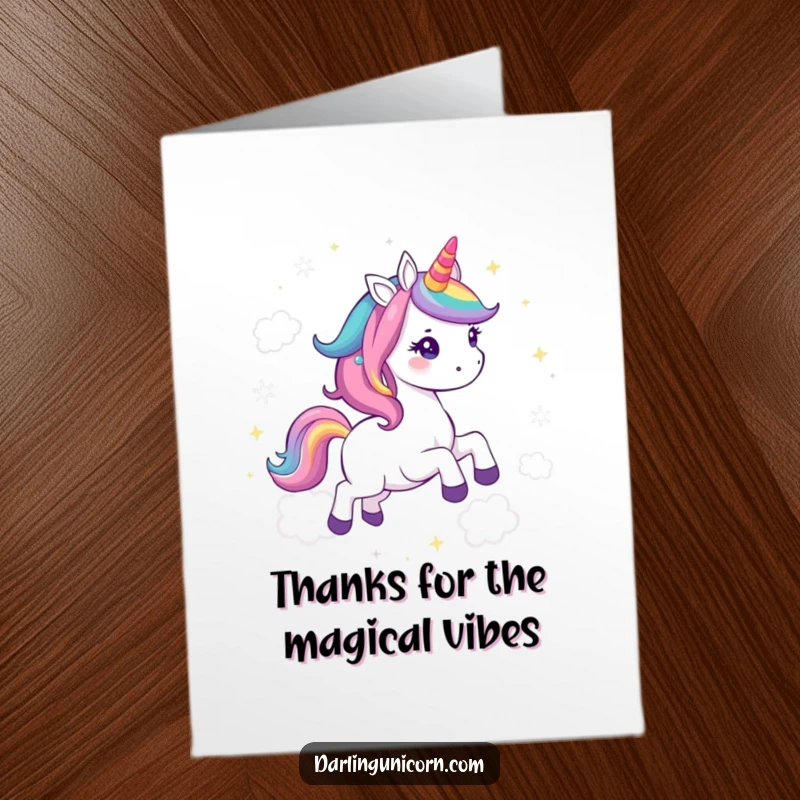 Funny Free Printable Thank You Card: Kawaii unicorn with rainbow mane galloping through clouds.