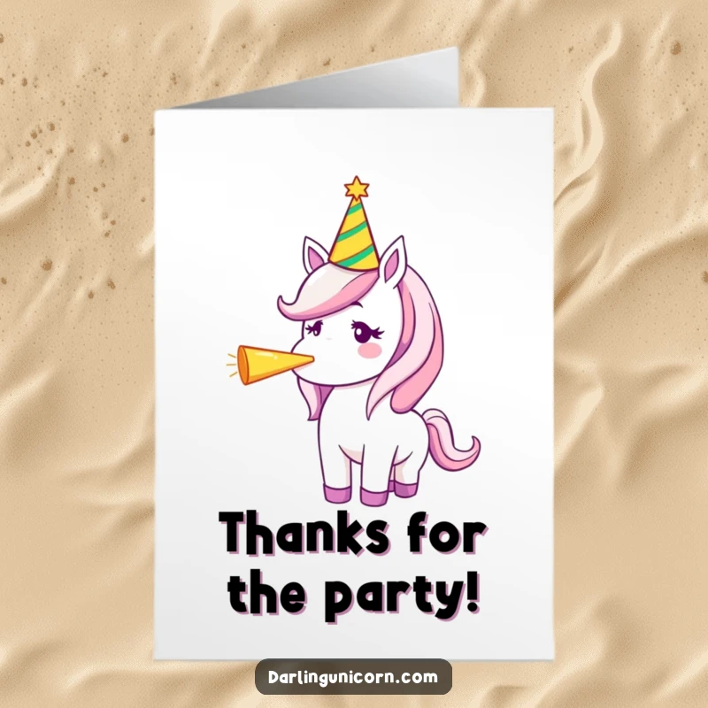 Funny Free Printable Thank You Card: Unicorn wearing a party hat blowing a party horn, expressing thanks with gusto, digital download.