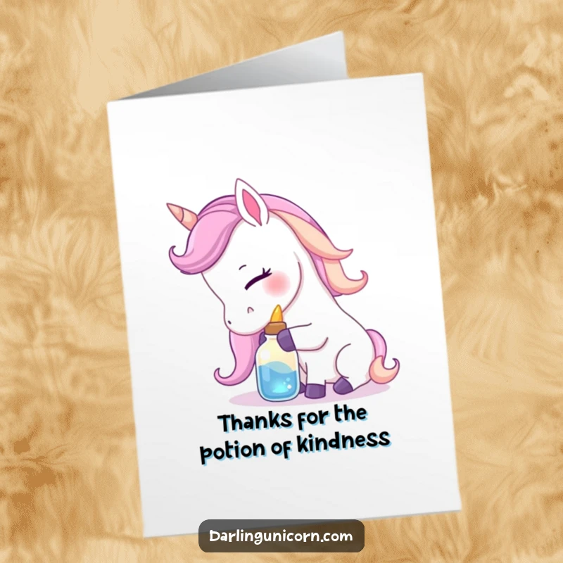 Funny Free Printable Thank You Card: Gentle unicorn nuzzling a luminous potion bottle, expressing heartfelt gratitude.