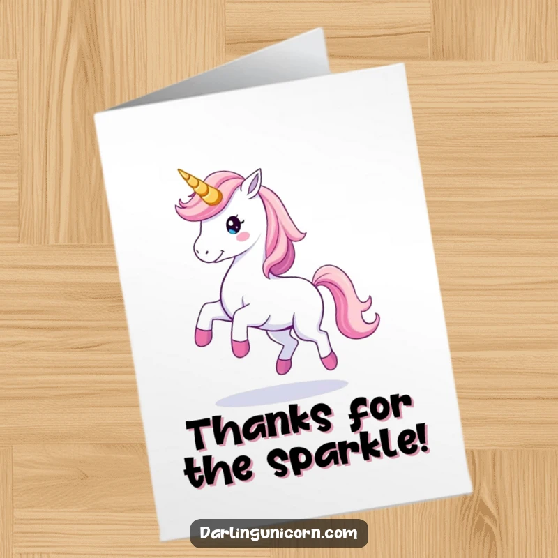 Free Printable thank you card of a unicorn doing a graceful twirl with a horn trail.