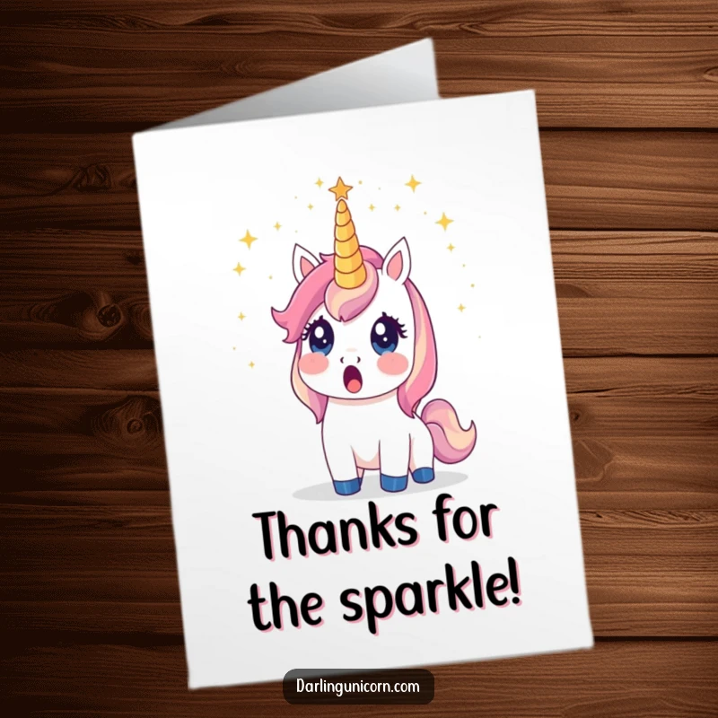 Funny Free Printable Thank You Card with a surprised unicorn horn showering stardust, conveying magical thanks with a twinkle.
