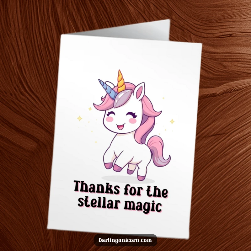 Funny Free Printable Thank You Card: Kawaii unicorn with a joyful expression leaving a trail of stardust.