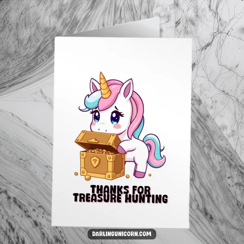 Funny free printable thank you card depicting a unicorn with a look of utter surprise, finding a magnificent treasure chest.