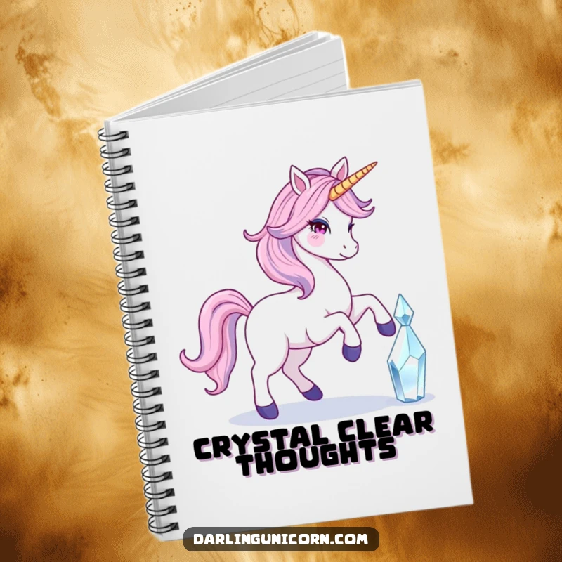Funny notebook featuring a unicorn with a flowing tail touching a crystal, perfect for writing down magical thoughts and creative ideas.