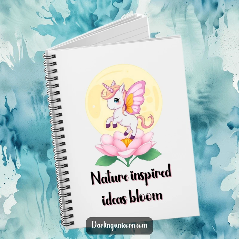 Funny notebook featuring a unicorn with butterfly wings gently landing on a blooming moonflower, ideal for writing gentle thoughts.