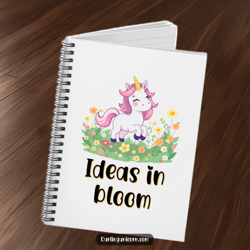 Funny notebook featuring a joyful unicorn galloping through a field of glowing flowers, perfect for writing happy thoughts and creative ideas.