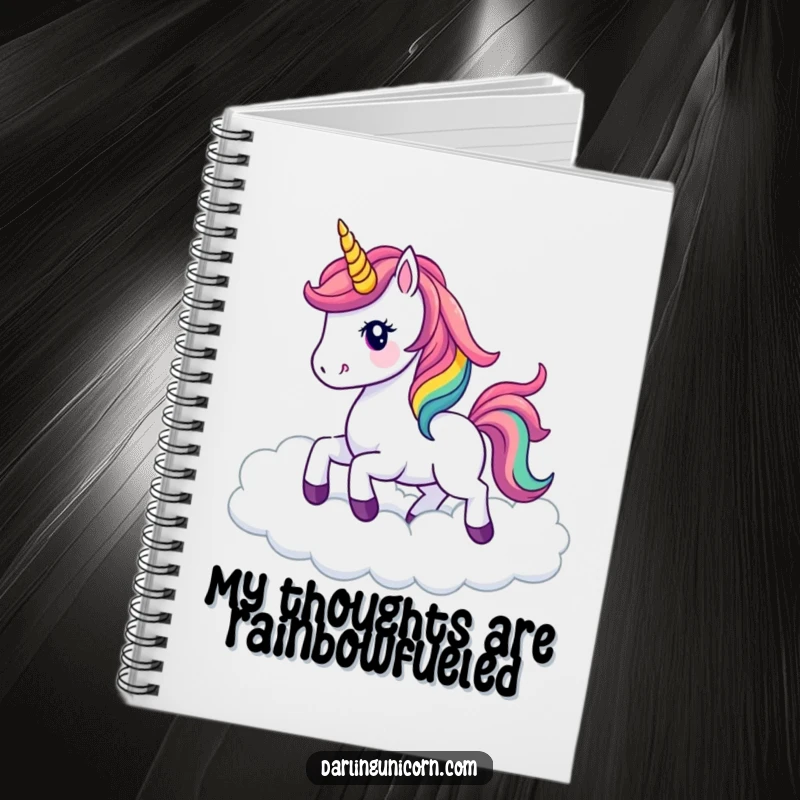 Funny kawaii unicorn with a vibrant rainbow mane prancing gracefully through clouds, featured on the cover of a beautiful notebook.