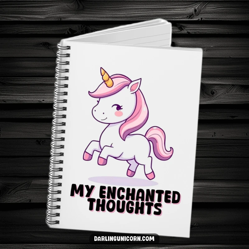 Funny notebook with a kawaii unicorn with a sparkling horn, joyfully prancing, ideal for magical notes and doodles.