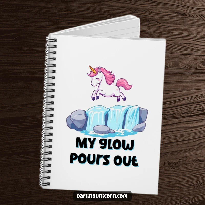 Funny Kawaii Unicorn Notebook: A unicorn with an aglow horn leaps over a waterfall, perfect for capturing inspired ideas.