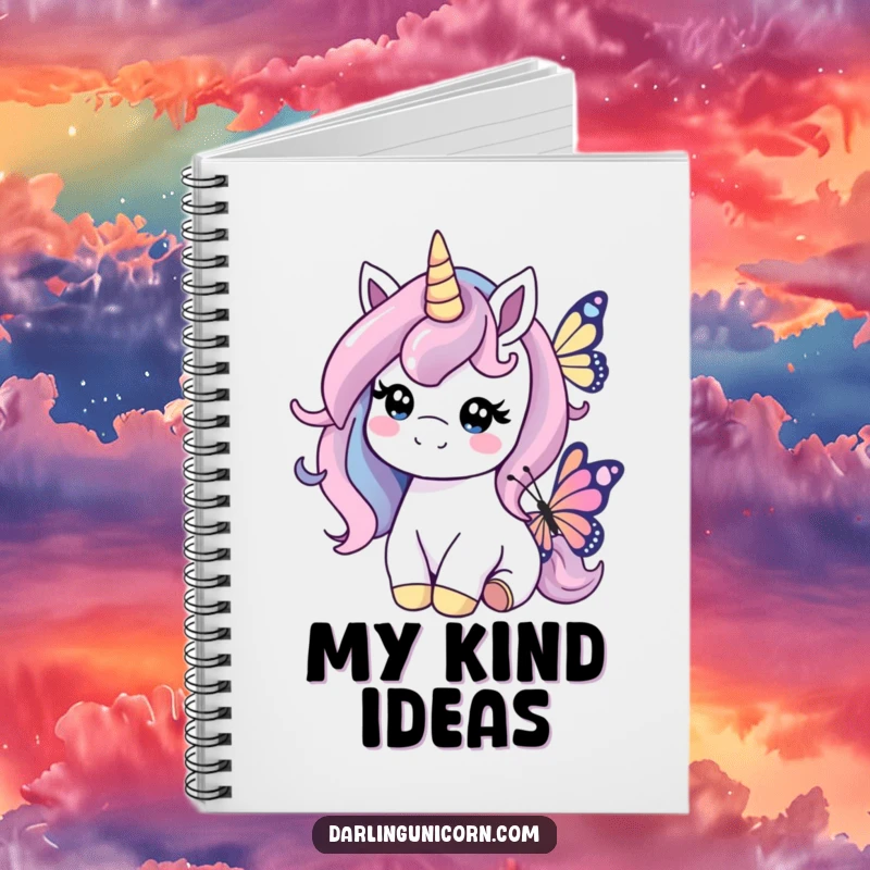 Funny notebook with a kind unicorn nudging a butterfly, designed for jotting down gentle thoughts and kind reflections.