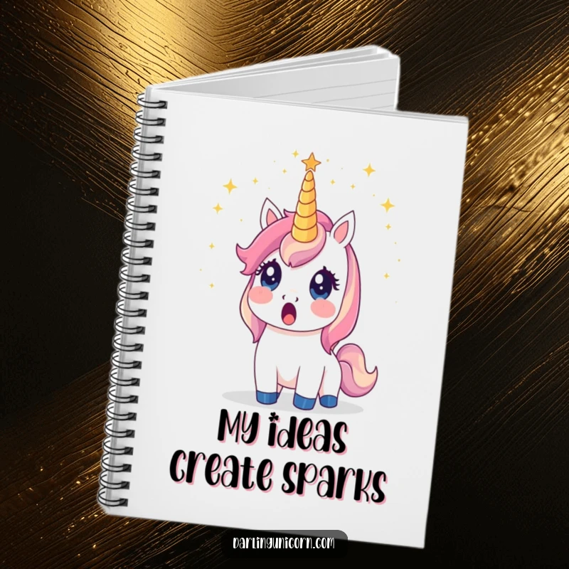 Funny unicorn notebook with a surprised unicorn whose horn is emitting stardust, ideal for capturing magical ideas.
