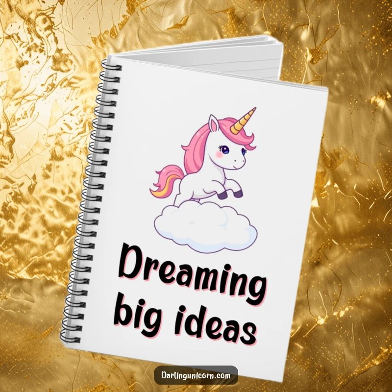 Funny notebook illustrating a unicorn with a shimmering horn jumping over a cloud, ideal for capturing magical thoughts and plans.