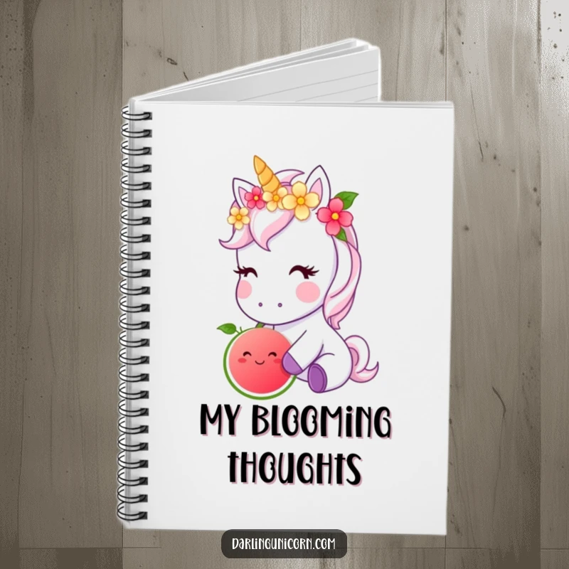 Funny notebook with a cute unicorn wearing a flower crown, nibbling a magical fruit, ideal for jotting down enchanted thoughts.