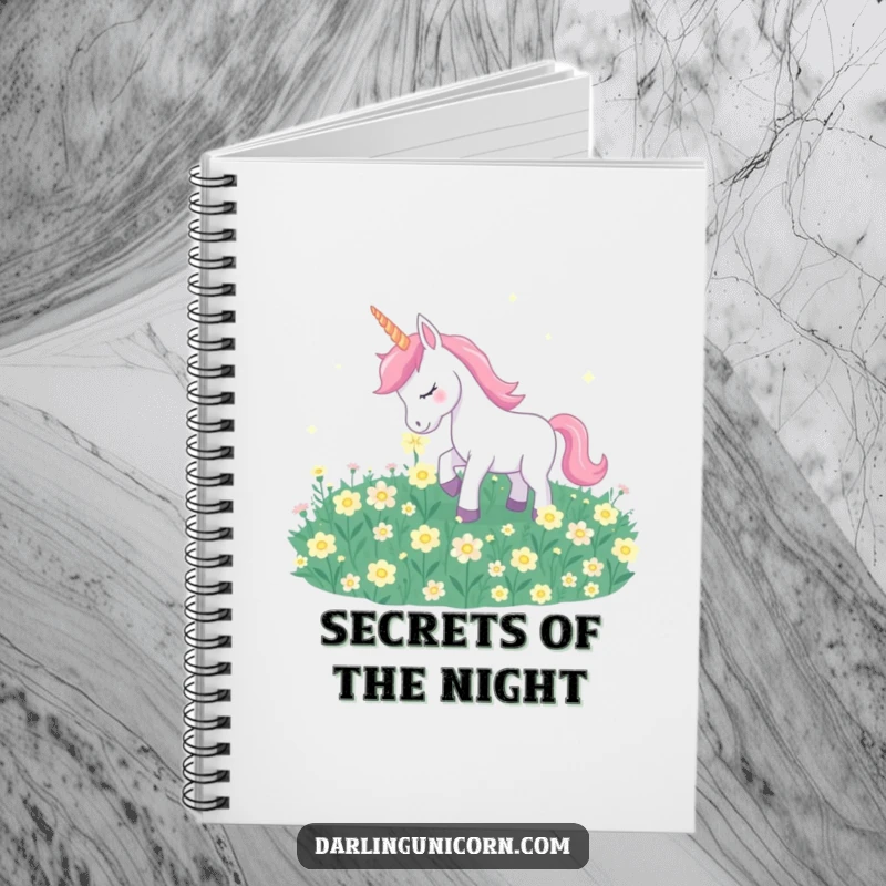 Funny unicorn gently nuzzling glowing moonflowers on the cover of a beautiful and serene notebook.