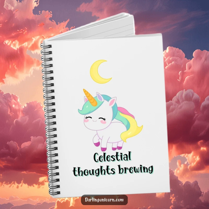 Funny Unicorn Notebook: A serene unicorn gazes at a crescent moon, perfect for peaceful journaling.
