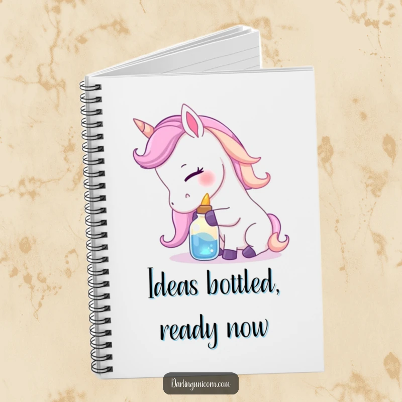 Funny notebook featuring a gentle unicorn nuzzling a small, luminous potion bottle with affection, perfect for writing magical thoughts and dreams.