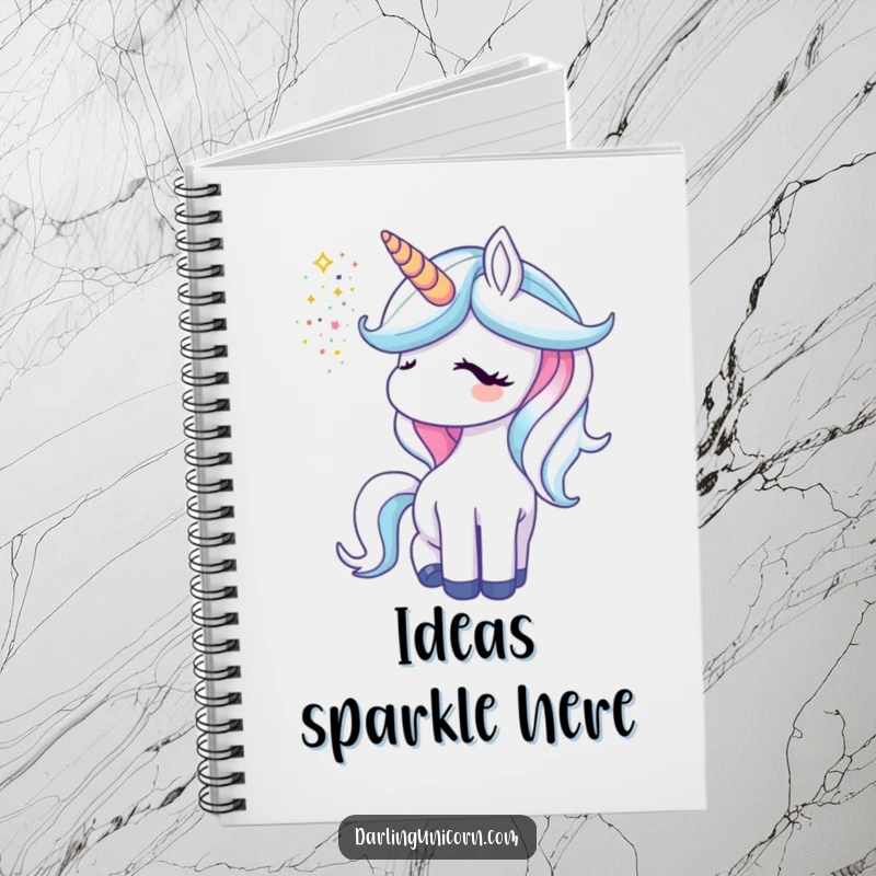 Funny unicorn notebook showing a magical unicorn releasing a dazzling shower of glitter from its horn.