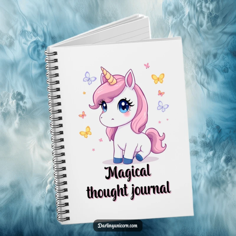 Cute notebook featuring a unicorn with innocent eyes watching butterflies flutter, perfect for jotting down magical and dreamy thoughts.