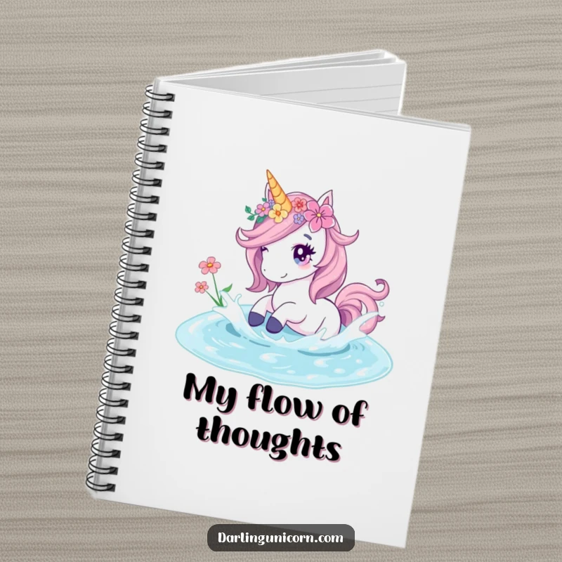 Funny notebook showing a floral unicorn playfully splashing in a crystal pond, perfect for jotting down serene ideas.