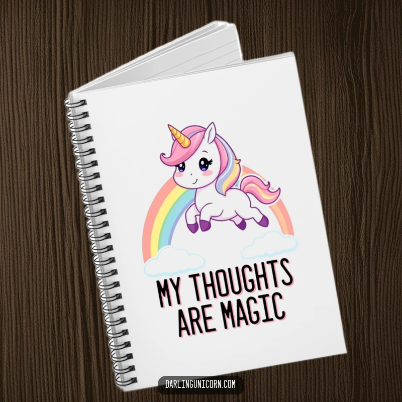 Funny unicorn notebook cover displaying a cheerful unicorn leaping over a vibrant rainbow, perfect for jotting down magical thoughts and ideas.