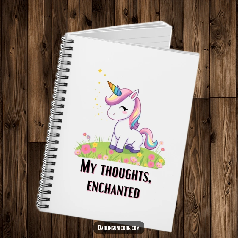Funny notebook showcasing a whimsical unicorn with a rainbow horn sprinkling stardust over a meadow, perfect for jotting down magical ideas.