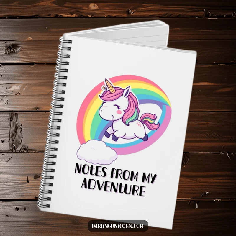 Funny notebook featuring a playful unicorn sliding down a vibrant rainbow with a cheerful whoop, ideal for creative and joyful notes.