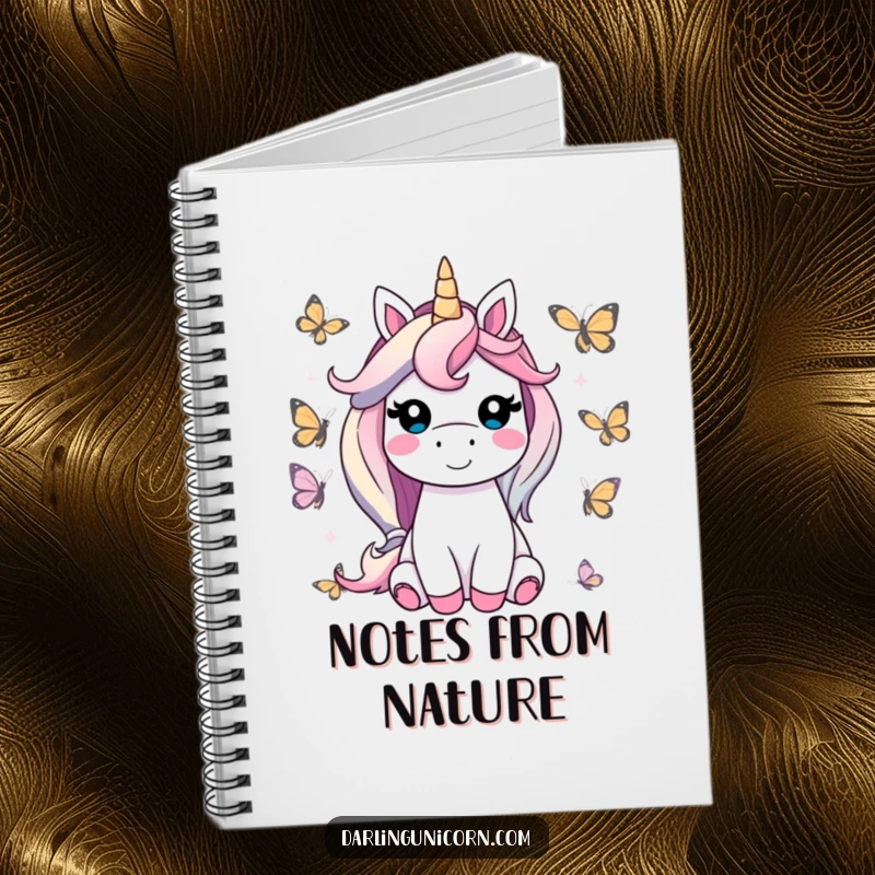 Funny unicorn notebook cover showing a contented unicorn smiling, surrounded by friendly butterflies, ideal for journaling happy thoughts and creative ideas.