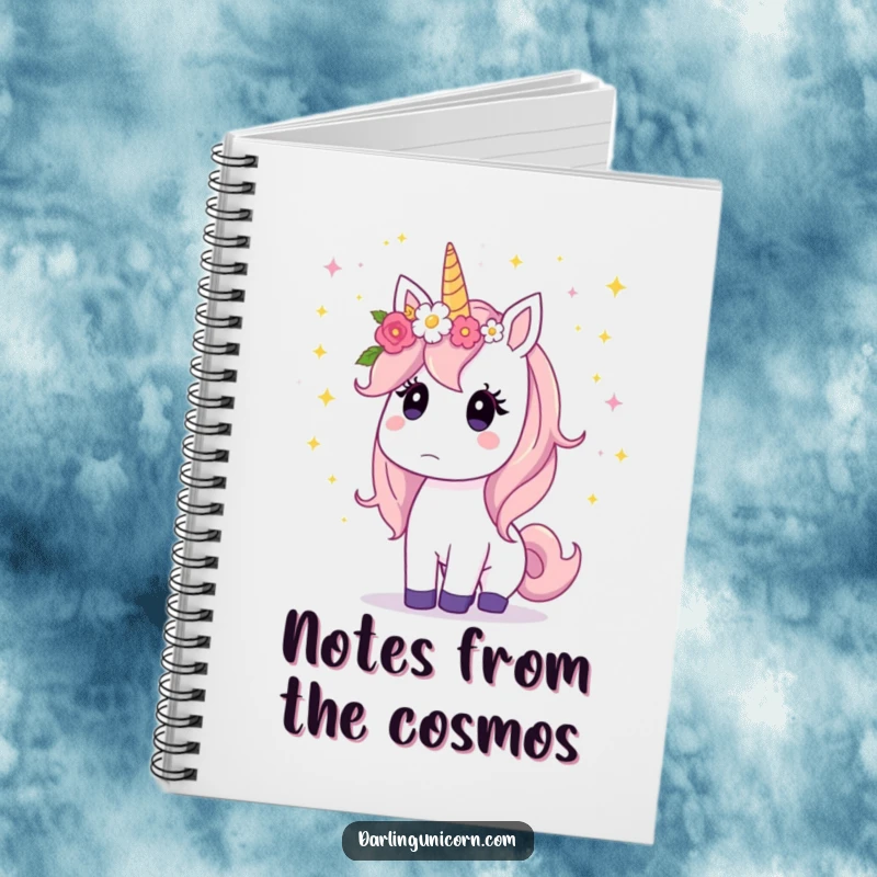 Funny unicorn with a flower crown, eyes wide with surprise as stardust cascades, perfect for magical notes.